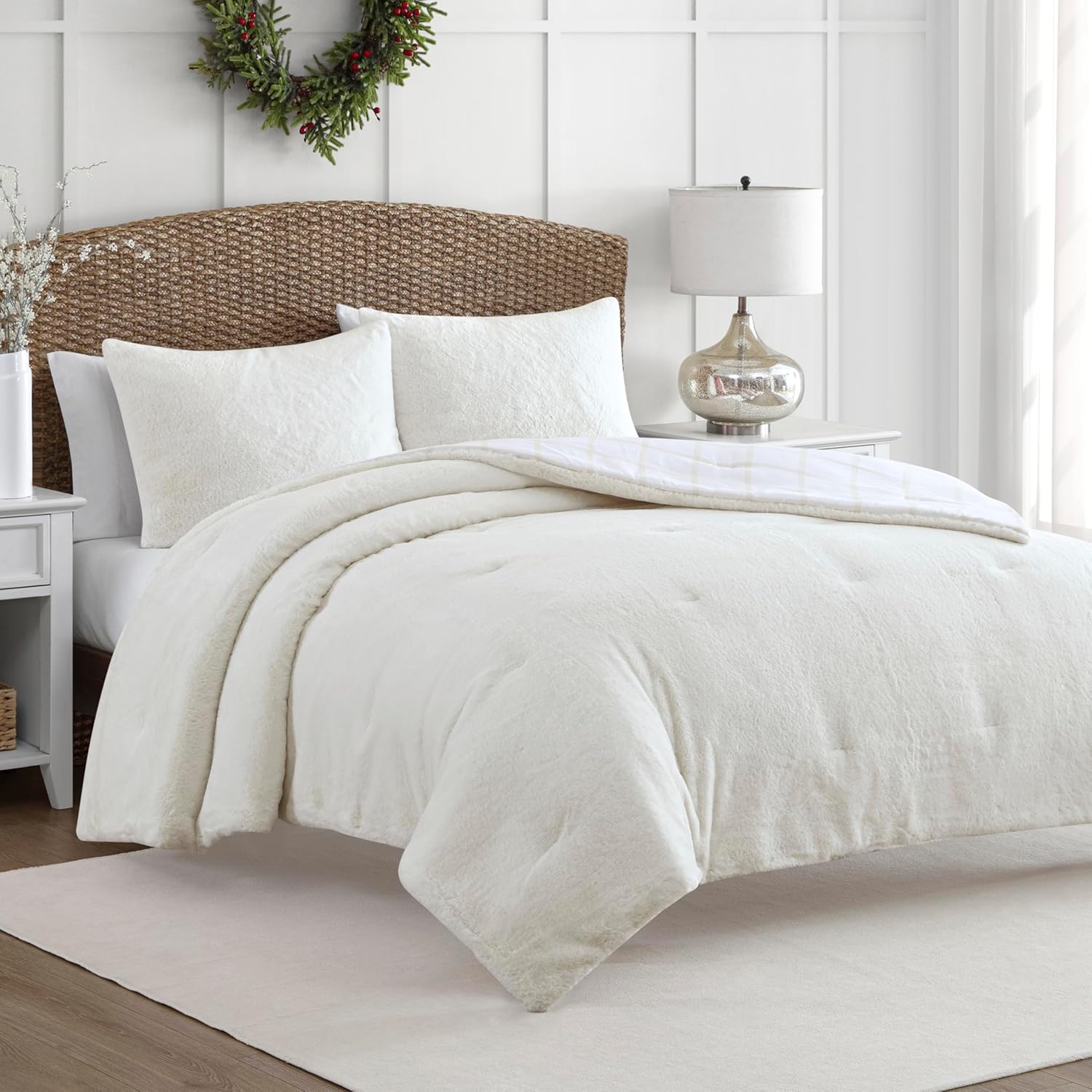 Martha Stewart Wide Corduroy Comforter Set, Red/green/white, 3 Piece - 1 Comforter, 2 King Shams, Holiday Plaid Bedspread, Reversible, King Size