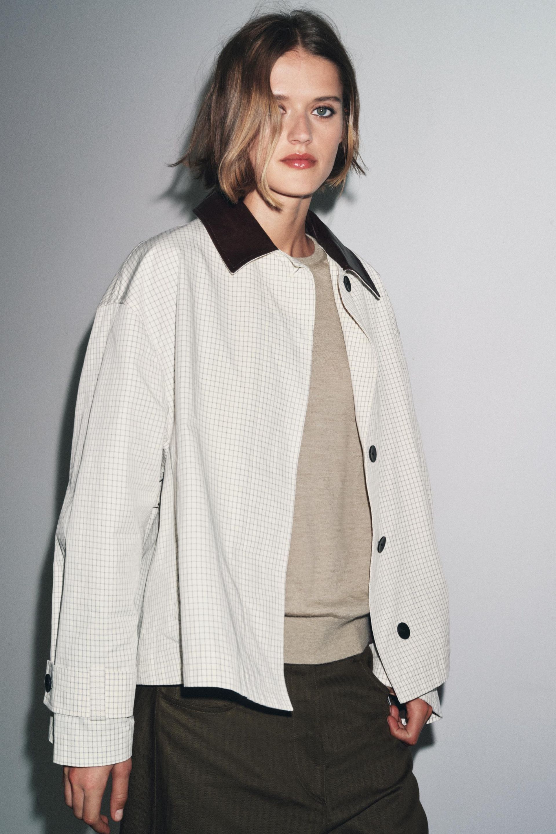 Zw Collection Faux Leather Collar Short Trench Coat