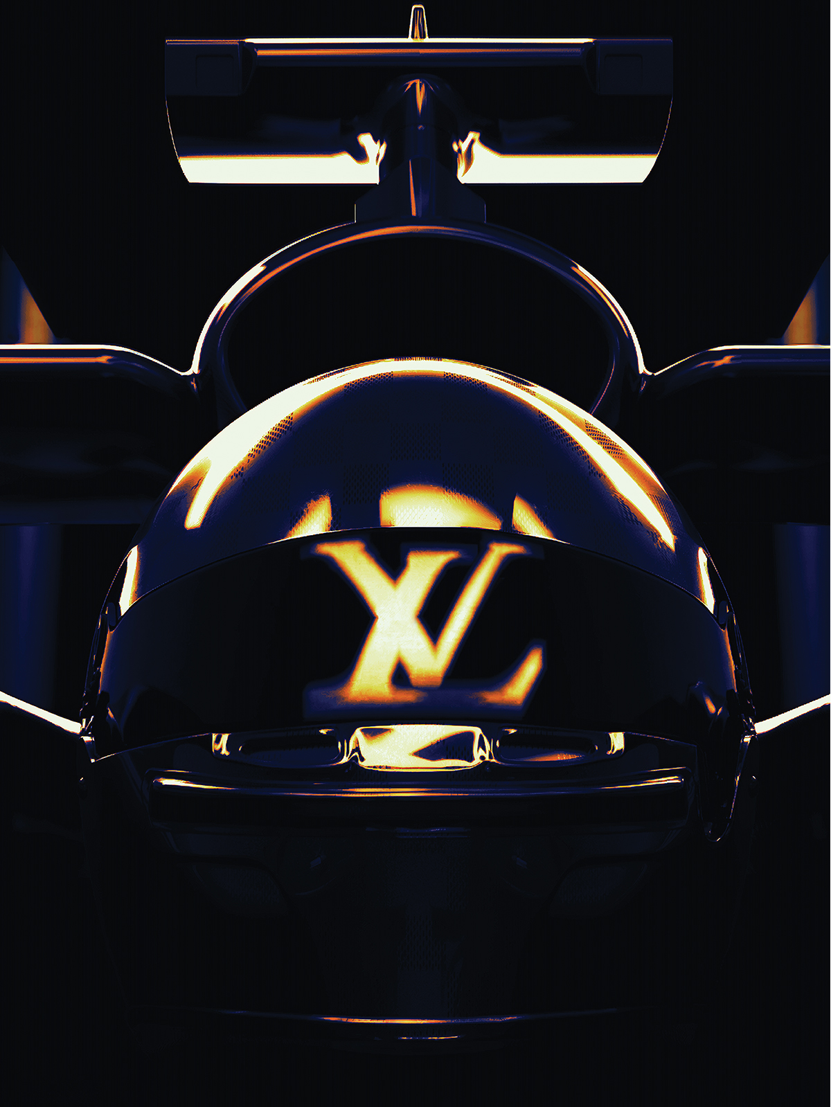 A dark outline of an F1 driver inside of a car wearing a helmet with a reflection of the Louis Vuitton LV logo on it.