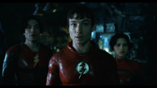 Ezra Miller in Batman's Bat-cave in The Flash movie teaser