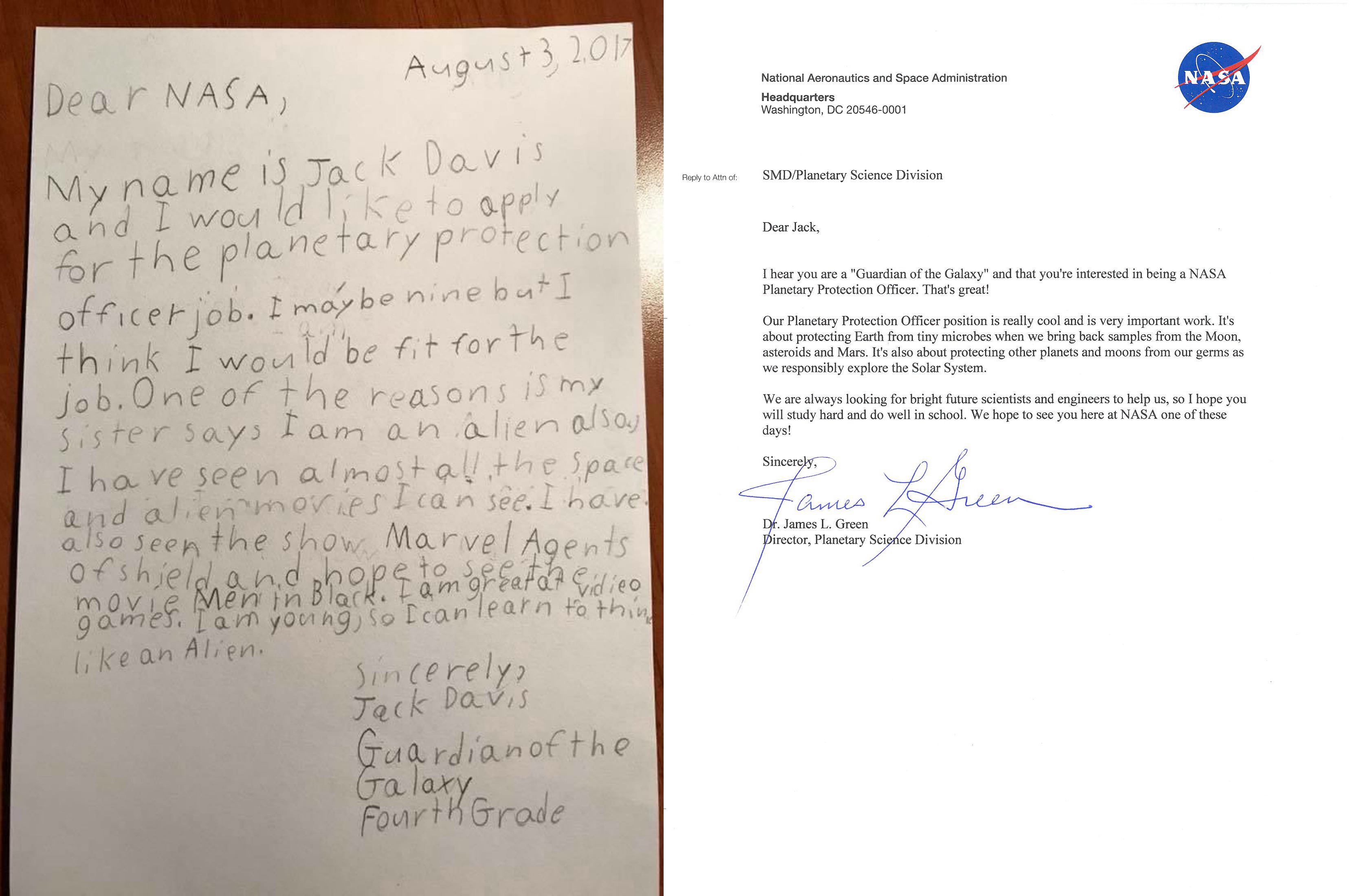 Fourth grade student Jack Davis wrote to NASA applying to be their new Planetary Protection Officer.