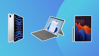 iPad, Surface Pro and Samsung tablet on a blue background