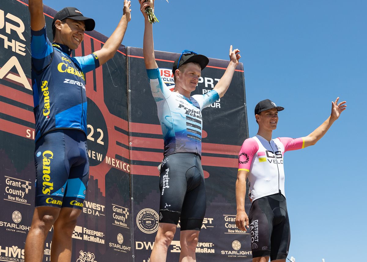 Stage podium: Tyler Stites (Project Echelon Racing) 1st, Ignaci Prado Juarez (Canel's Zerouno) 2nd, Xander White (CS Velo) 3rd.