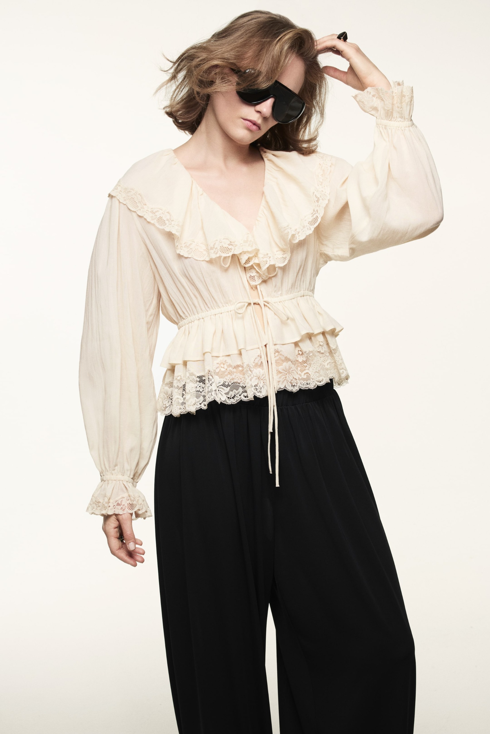Lace-Trimmed Tie-Front Blouse