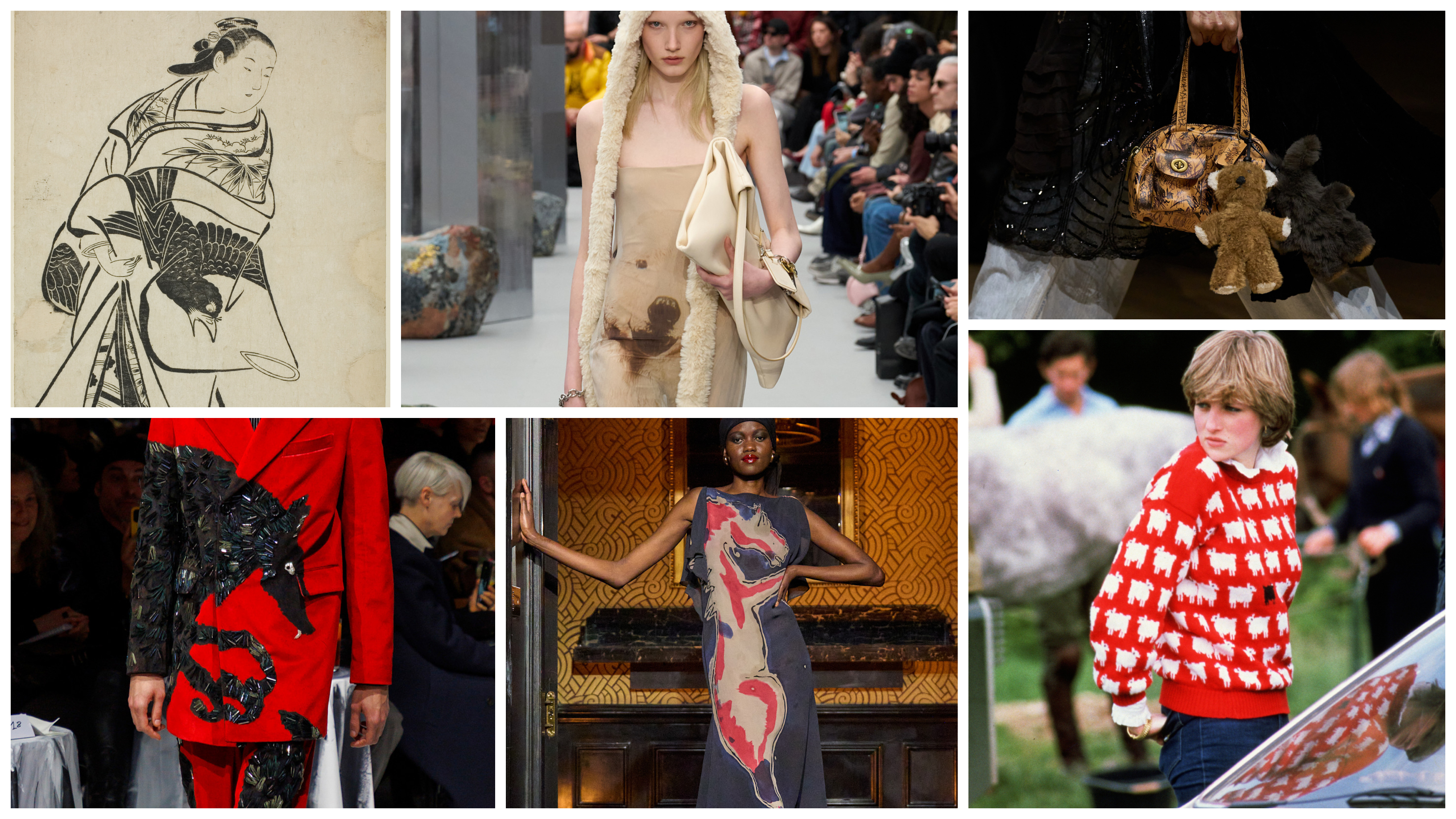 a collage of animal motif fashion from history and at Fall 2025 shows from Acne Studios, Coach, Marni, Connor Ives, and Princess Diana