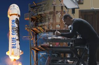 Artist Jeff Hein, working in his studio, tests the paints and creative process to apply a mural to the exterior panel on a Blue Origin New Shepard spacecraft.