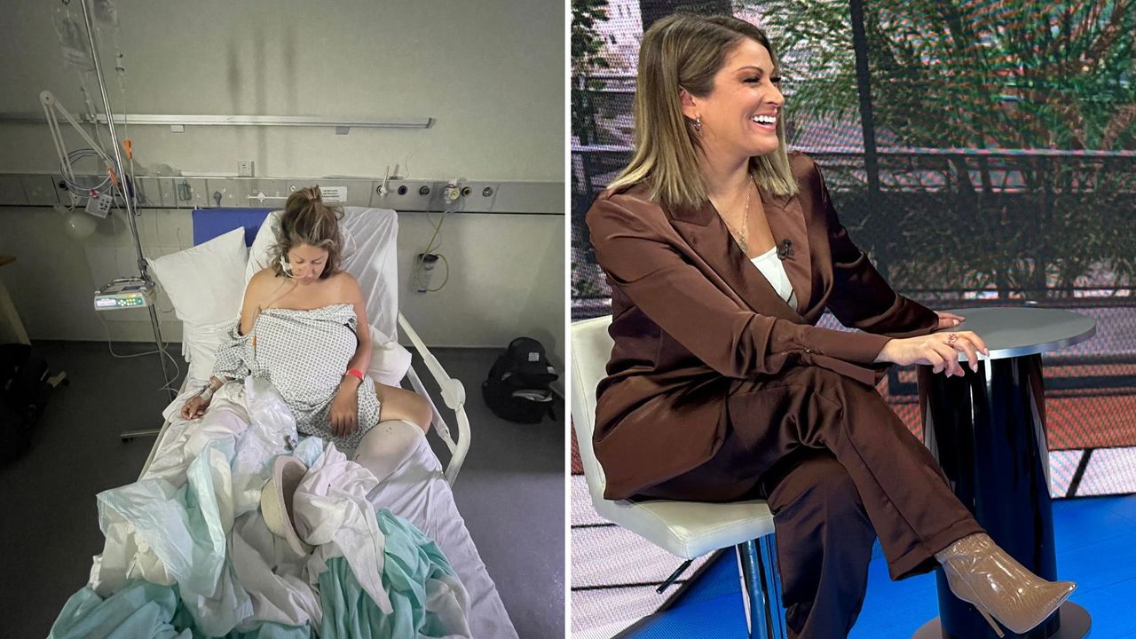 Rebecca Charlton in hospital (left) and presenting with Eurosport (right)