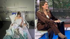 Rebecca Charlton in hospital (left) and presenting with Eurosport (right)