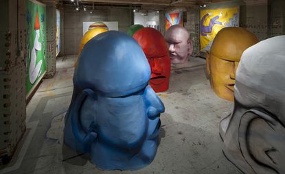 Italian artist Giacomo Bufarini has installed a series of mammoth sculptural heads at Howard Griffin Gallery in Downtown LA as part of his second solo show, Man Is God