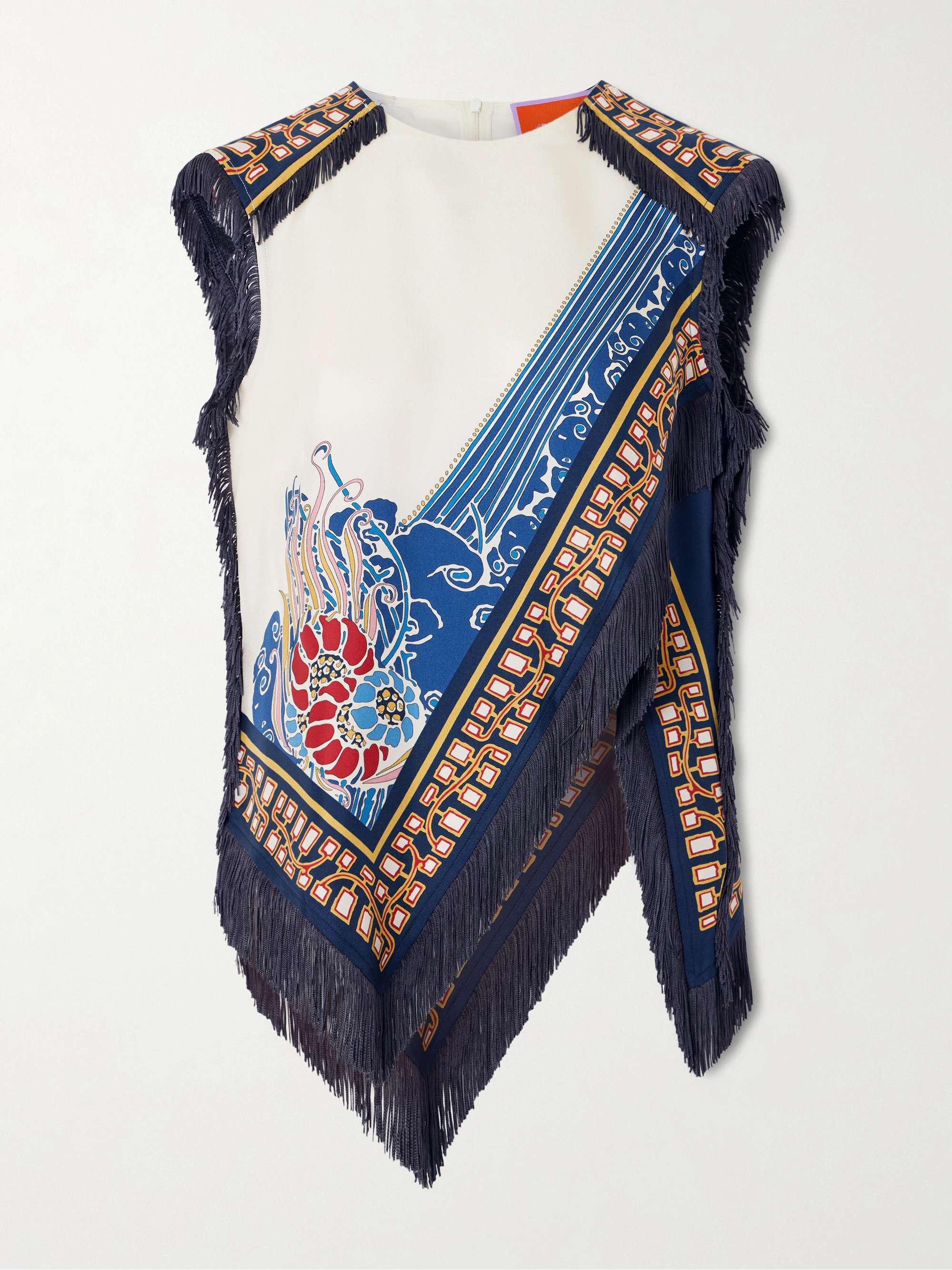 Fringed Asymmetric Printed Silk-Twill Top