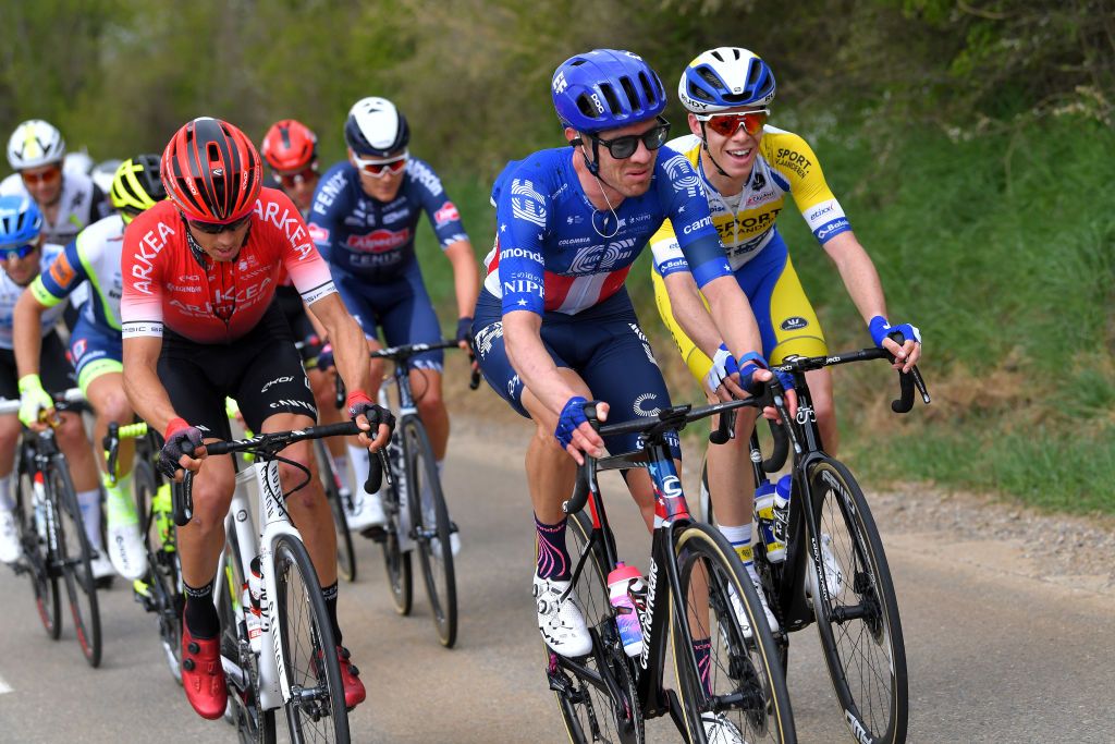 MUR DE HUY BELGIUM APRIL 21 Diego Rosa of Italy and Team Arka Samsic Alex Howes of United States and Team EF Education Nippo Julian Mertens of Belgium and Team Sport Vlaanderen Baloise during the 85th La Fleche Wallonne 2021 Men Elite a 1936km race from Charleroi to Mur de Huy 204m Breakaway FlecheWallonne on April 21 2021 in Mur de Huy Belgium Photo by Luc ClaessenGetty Images