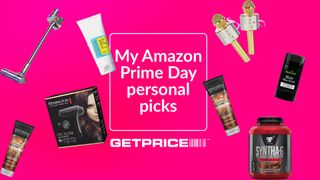 Pink background with white writing in the middle that says My Amazon Prime Day personal picks with scattered images of products around the page