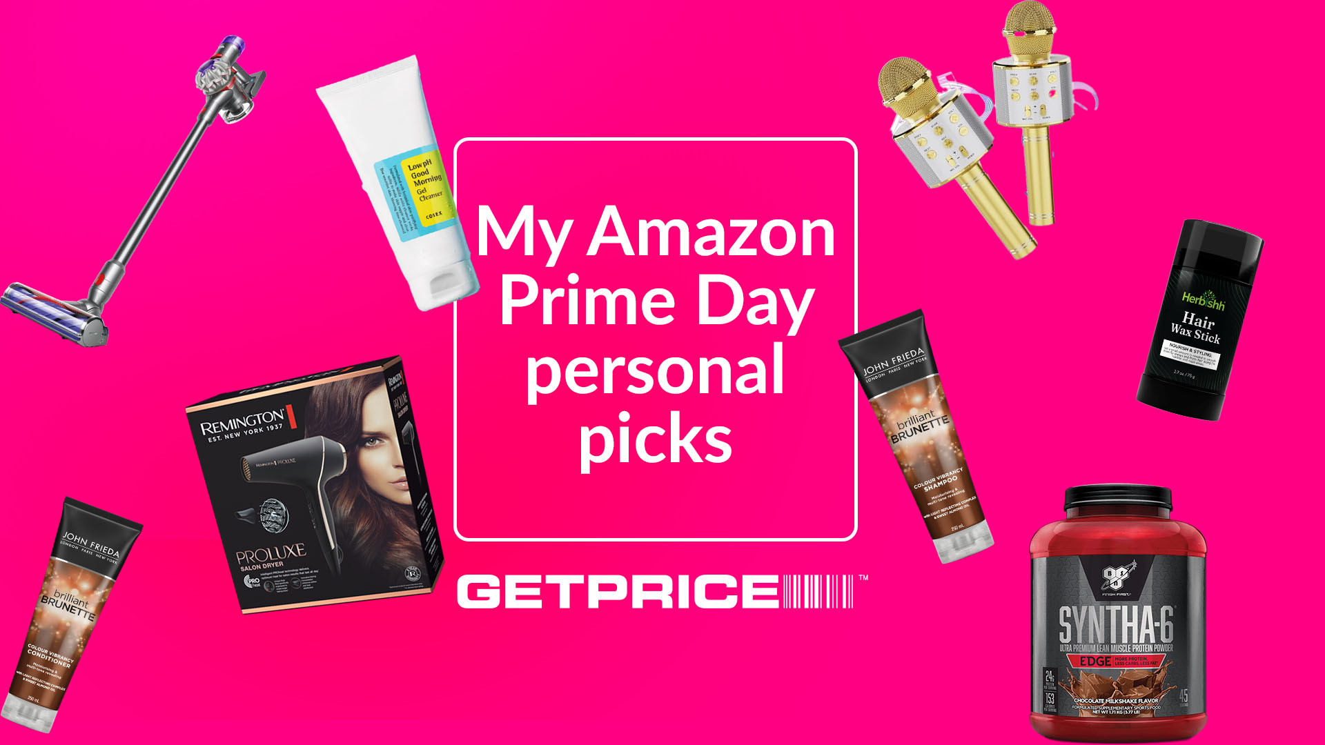 Pink background with white writing in the middle that says My Amazon Prime Day personal picks with scattered images of products around the page