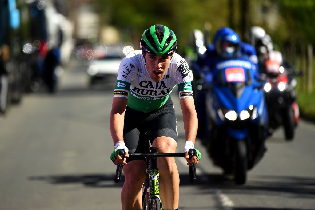 ERMUALDE LAUDIO SPAIN APRIL 07 Oier Lazkano Lopez of Spain and Team Caja RuralSeguros RGA during the 60th ItzuliaVuelta Ciclista Pais Vasco 2021 Stage 3 a 1677km stage from Amurrio to Ermualde Laudio 481m Breakaway itzulia ehitzulia on April 07 2021 in Ermualde Laudio Spain Photo by David RamosGetty Images