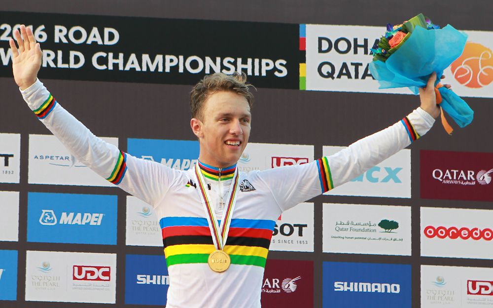 Jakob Egholm in rainbow stripes after winning the 2016 UCI Road World Championships junior road race