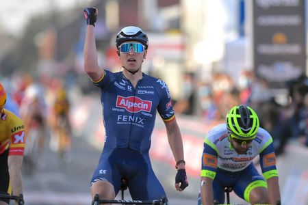DOUR, BELGIUM - MARCH 02: Arrival / Tim Merlier of Belgium and Team Alpecin-Fenix Celebration & Andrea Pasqualon of Italy and Team Intermarch&Acirc;-Wanty-Gobert Mat&Acirc;riaux during the 53rd Grand Prix Le Samyn 2021, Men's Elite a 205,4km race from Quaregnon to Dour / @GPSamyn / on March 02, 2021 in Dour, Belgium. (Photo by Luc Claessen/Getty Images)