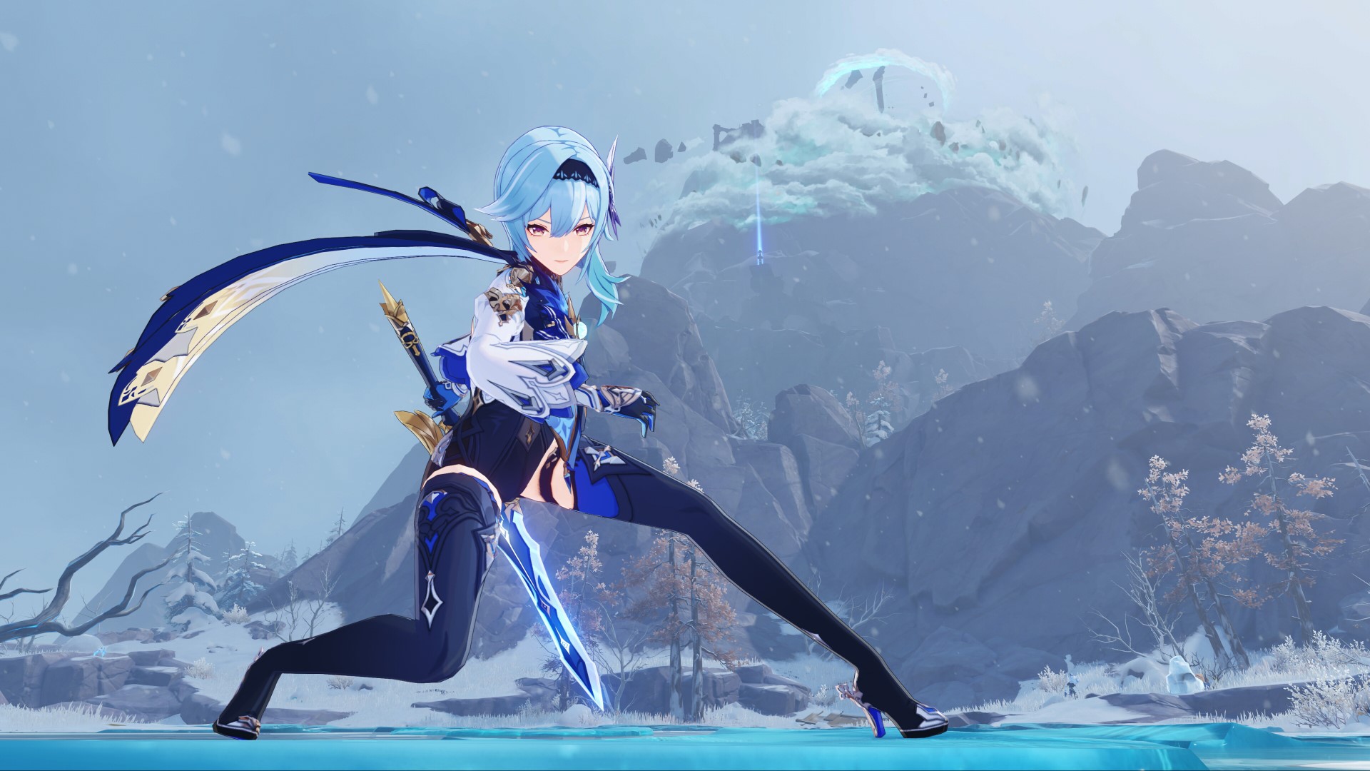 Genshin Impact's Eula swinging a claymore on a frozen lake in Dragonspine