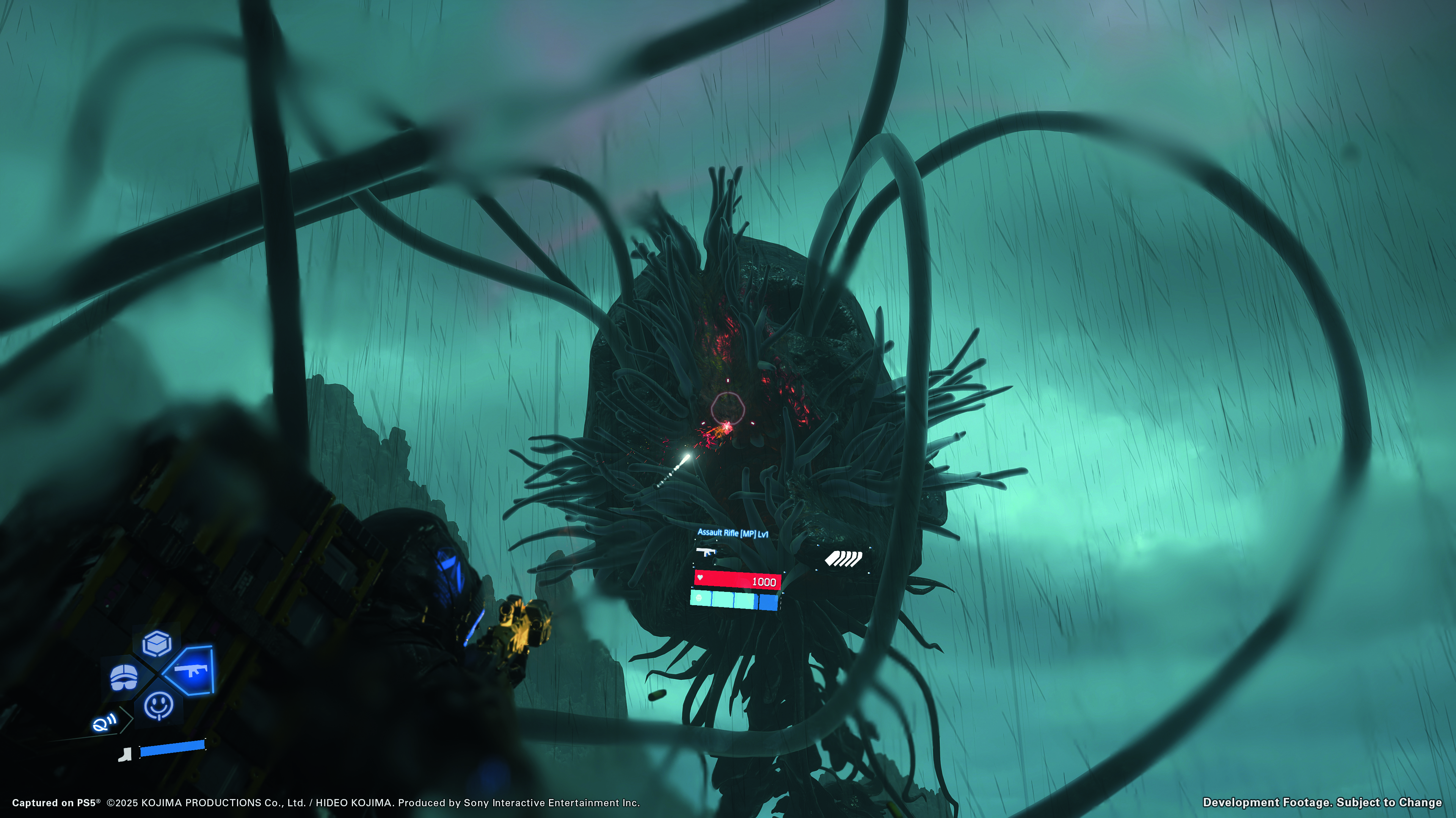 A boss fight in the rain in Death Stranding 2: On the Beach, from the Edge Magazine cover feature