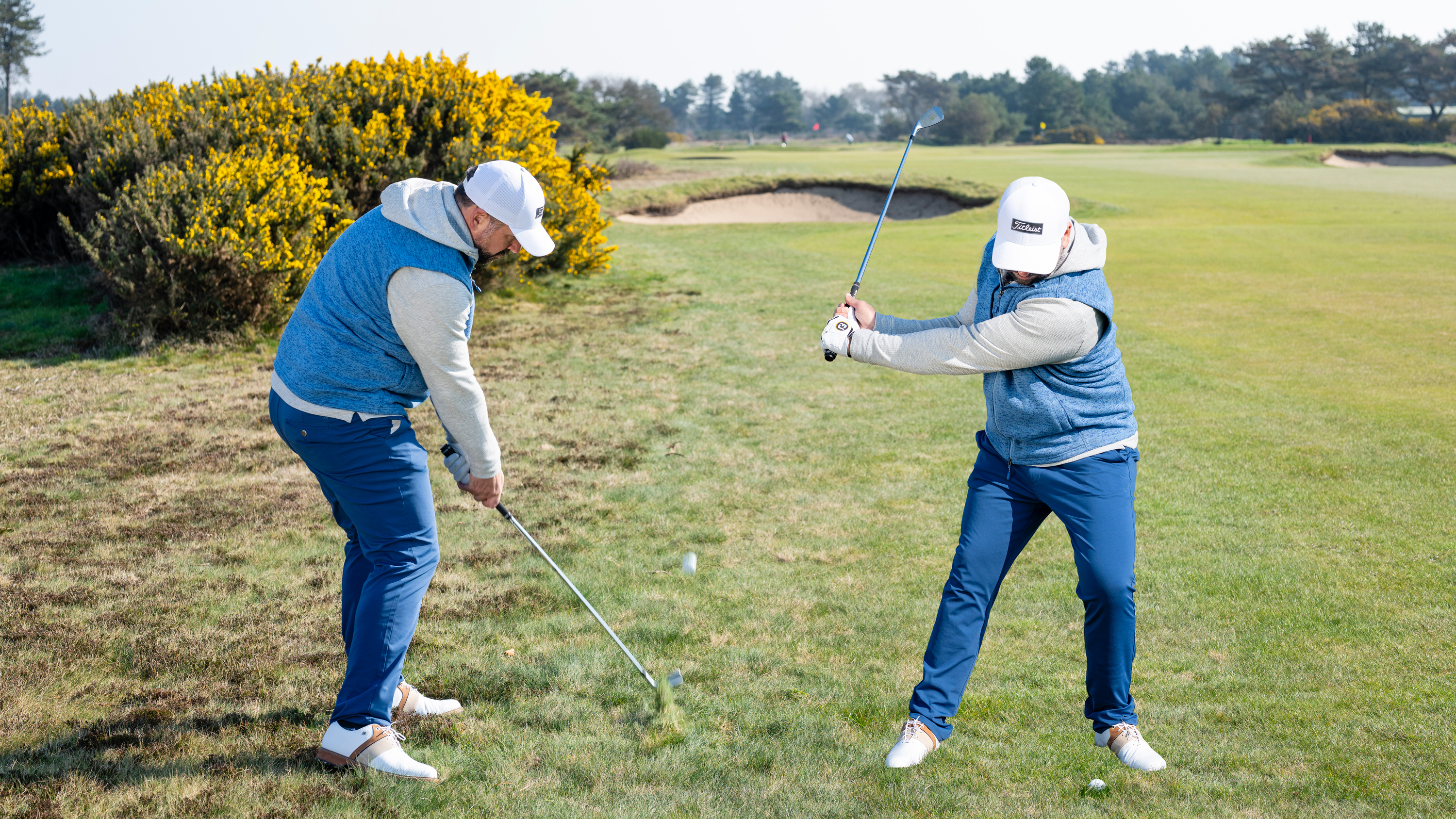 Peter Finch just past impact when hitting the ball out of long rough, as the ball travels away from the hitting zone after contact with the clubface, with an inset image of Peter Finch face on demonstrating three key adjustments that are essential when hitting the ball out of long rough - including ball position, weight distribution and wrist hinge