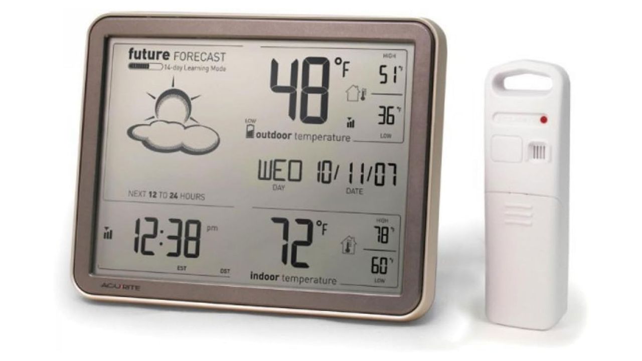 The AcuRite 75077A3M weather station display unit and sensor on a white background.