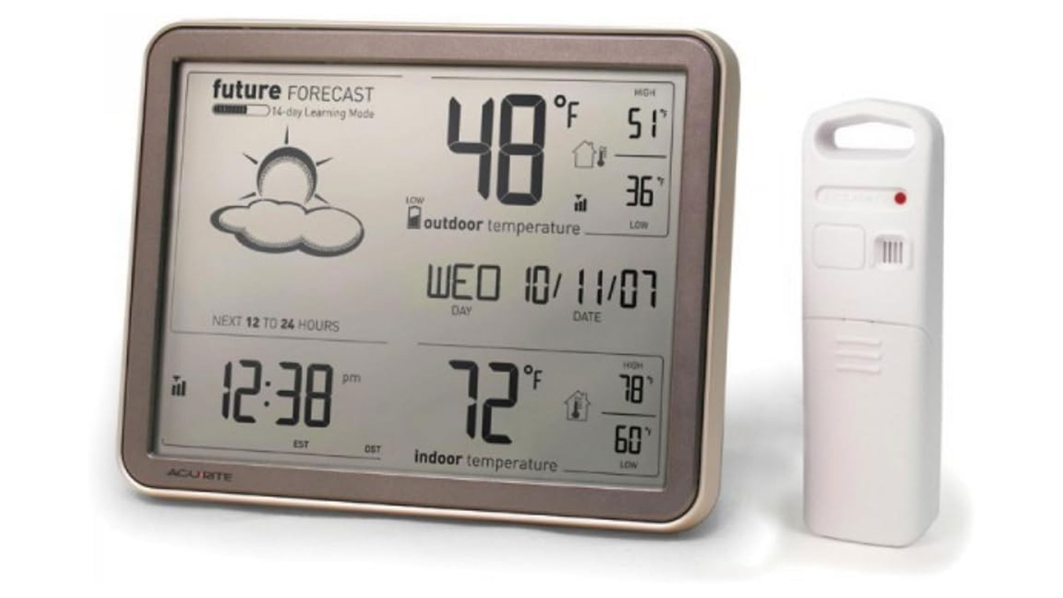 The AcuRite 75077A3M weather station display unit and sensor on a white background.
