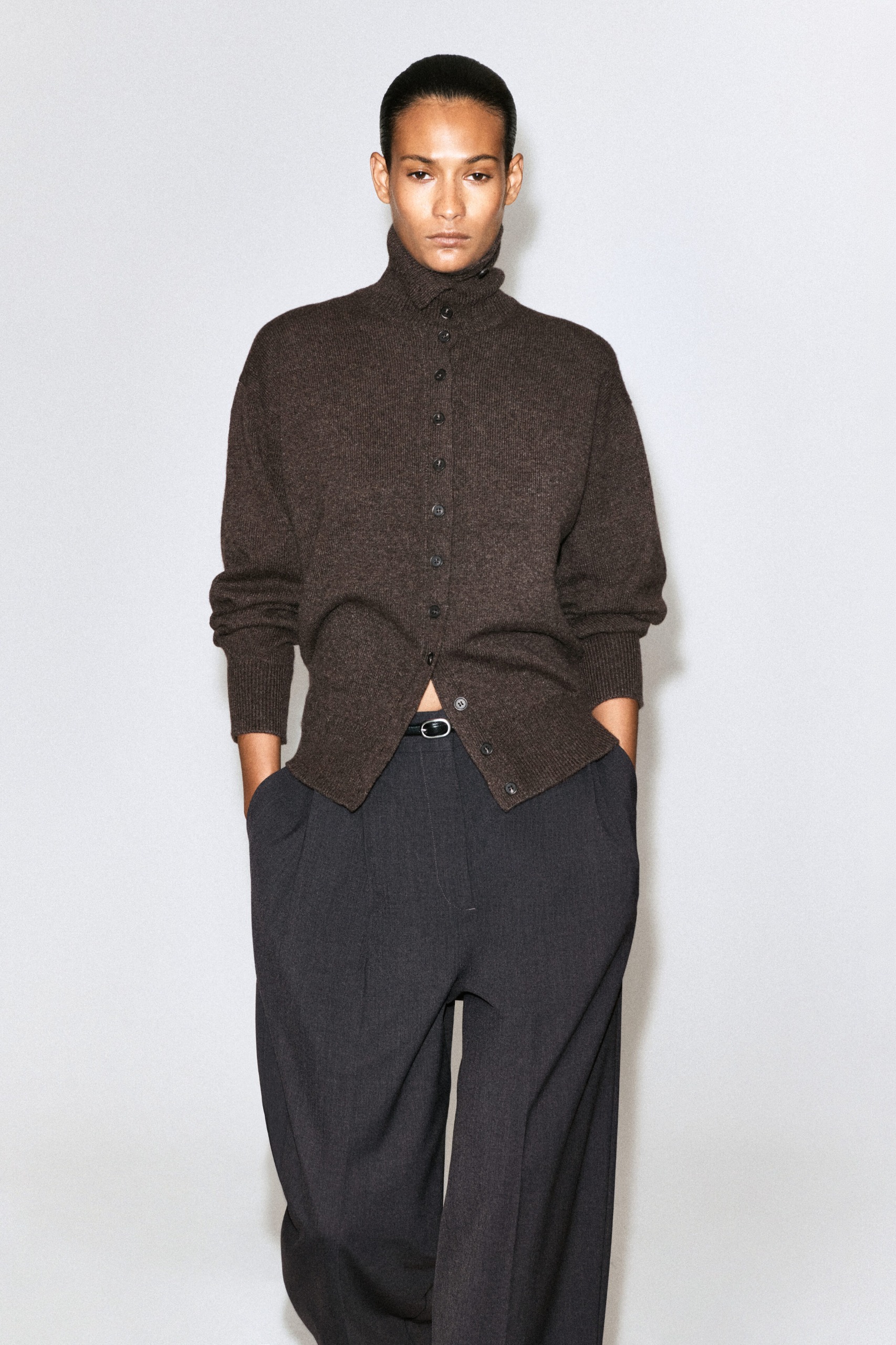 Sculpted Cashmere Funnel-Neck Cardigan