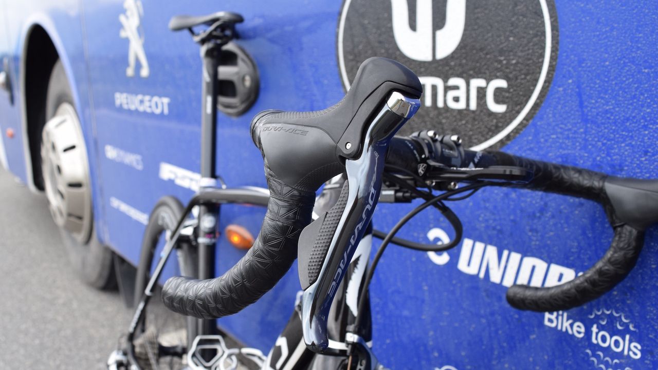 The Dura-Ace levers are paired with Supacaz handlebar tape