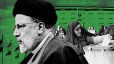 Photo composite of Ebrahim Raisi, Iranian voters and a poster of electoral candidates