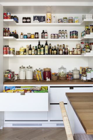 A pantry that has been zoned in an organized way
