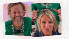 Hair stylist Michael Douglas pictured similing in a green sweatshirt, nect to woman&home editor in chief Hannah Fernando, smiling 