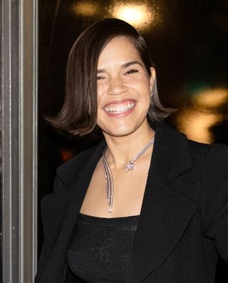 America Ferrera is seen arriving to the CHANEL Dinner to celebrate the Watches & Fine Jewelry Fifth Avenue flagship boutique.