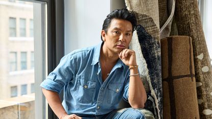 prabal gurung in front of his collection for rugs usa