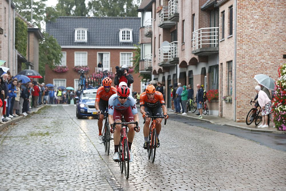 The stage 3 breakaway - Harry Tanfield of United Kingdom and Team Katusha-Alpecin / Stijn Steels of Belgium and Team Roompot-Charles / Guillaume Van Keirsbulck of Belgium and CCC Team / during the 15th Binck Bank Tour 2019