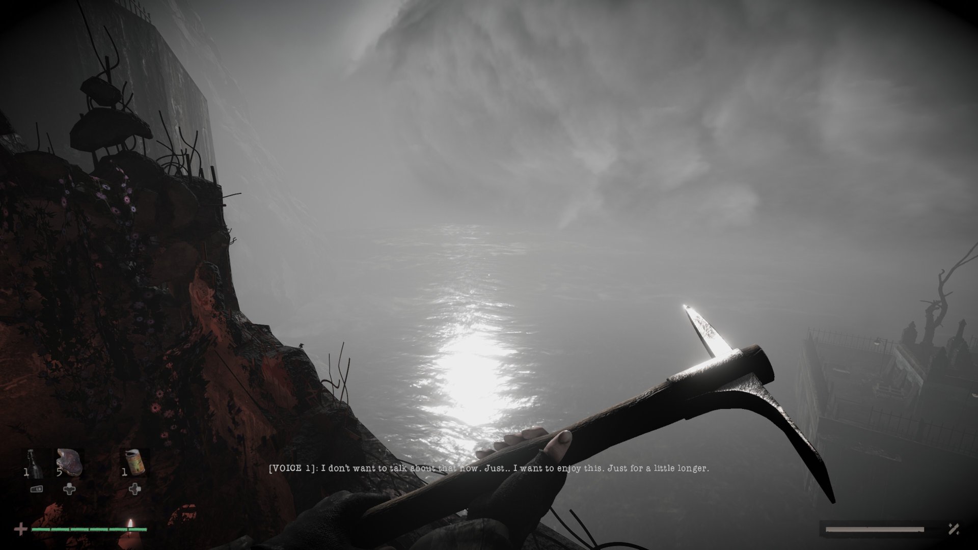 Total Chaos screenshot showing the protagonist looking out over a view while holding a pickaxe, and saying, &amp;quot;I don&#039;t want to talk about that now. Just... I want to enjoy this. Just a little longer.&amp;quot;