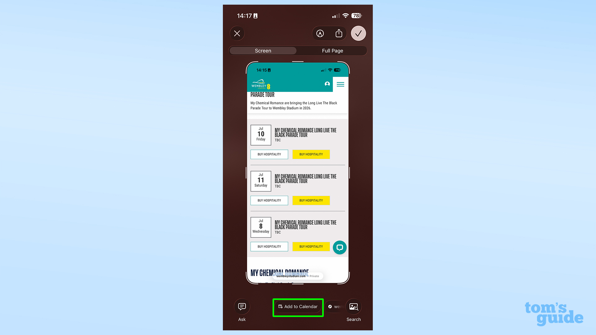 Apple Visual Intelligence screenshot with Add to Calendar button highlighted