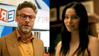 Seth rogen in a brown suit and yellow shirt in The Studio, Inde Navarrette in a red strapped dress in Obsession.
