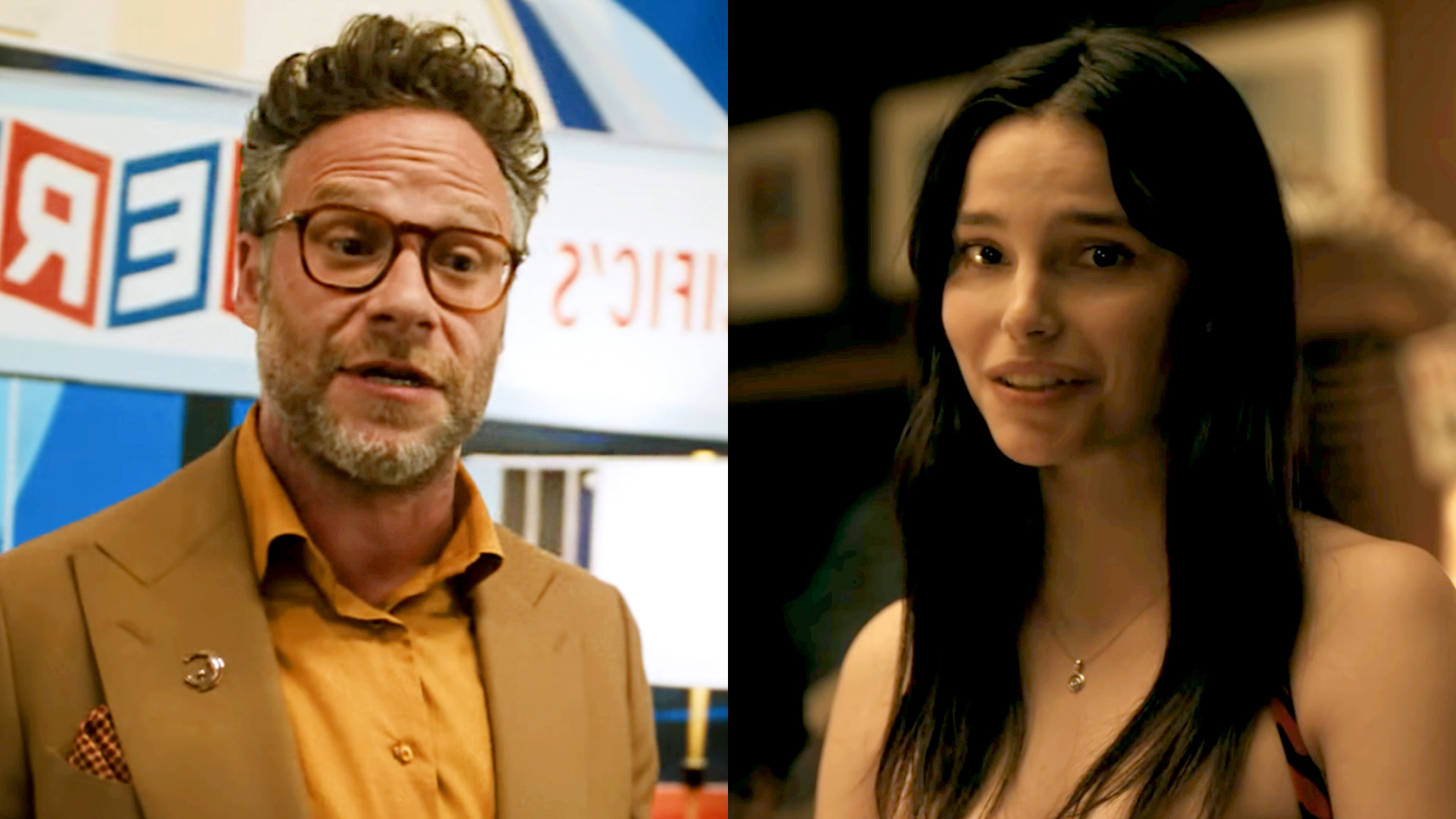 Seth rogen in a brown suit and yellow shirt in The Studio, Inde Navarrette in a red strapped dress in Obsession. 