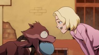 Weasel with a ball in his mouth and smiling at a happy blonde girl in Creature Commandos episode 4