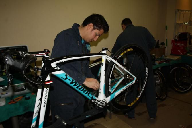 An Astana mechanic makes sures that everything is in check