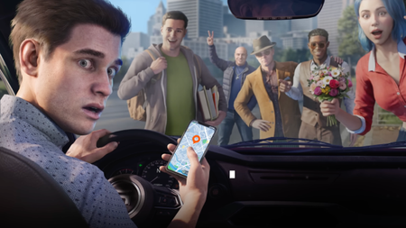 Rideshare driver looks shocked as pedestrians crowd the road 