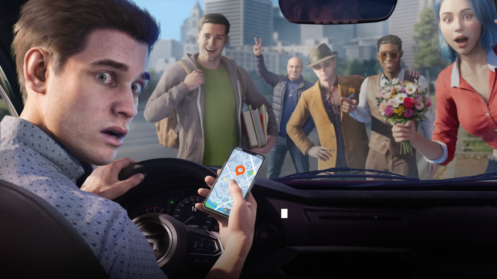Rideshare driver looks shocked as pedestrians crowd the road 