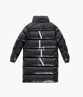 Read view of black shiny puffer jacket