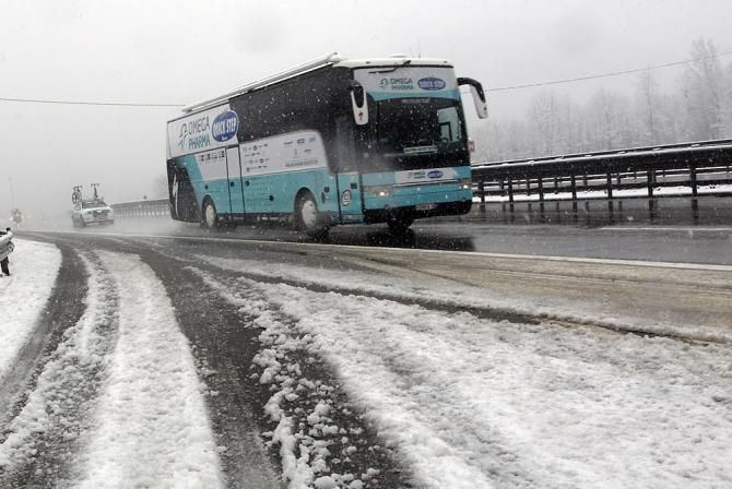 The Omega Pharma Quick Step bus in the snow