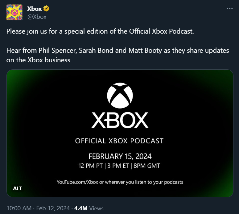 @Xbox Please join us for a special edition of the Official Xbox Podcast. Hear from Phil Spencer, Sarah Bond and Matt Booty as they share updates on the Xbox business.