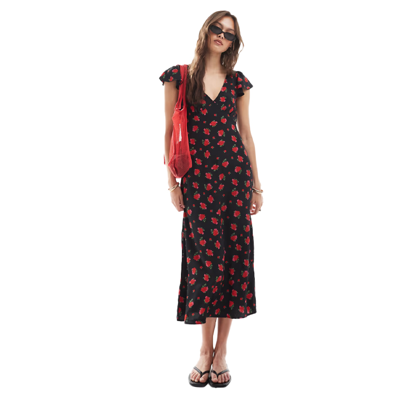 black and red floral wrap dress, brave soul