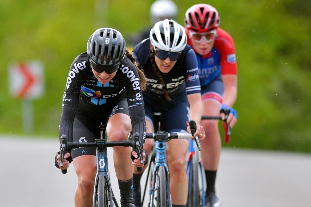 SCHLEIZ GERMANY MAY 27 Liane Lippert of Germany and Team DSM Lucinda Brand of Netherlands and Trek Segafredo Kirsten Wild of Netherlands and Ceratizit WNT Pro Cycling Team in breakaway during the 34th Internationale LOTTO Thringen Ladies Tour 2021 Stage 3 a 1165km stage from Schleiz to Schleiz ltlt2021 lottothueringenladiestour womencycling on May 27 2021 in Schleiz Germany Photo by Luc ClaessenGetty Images
