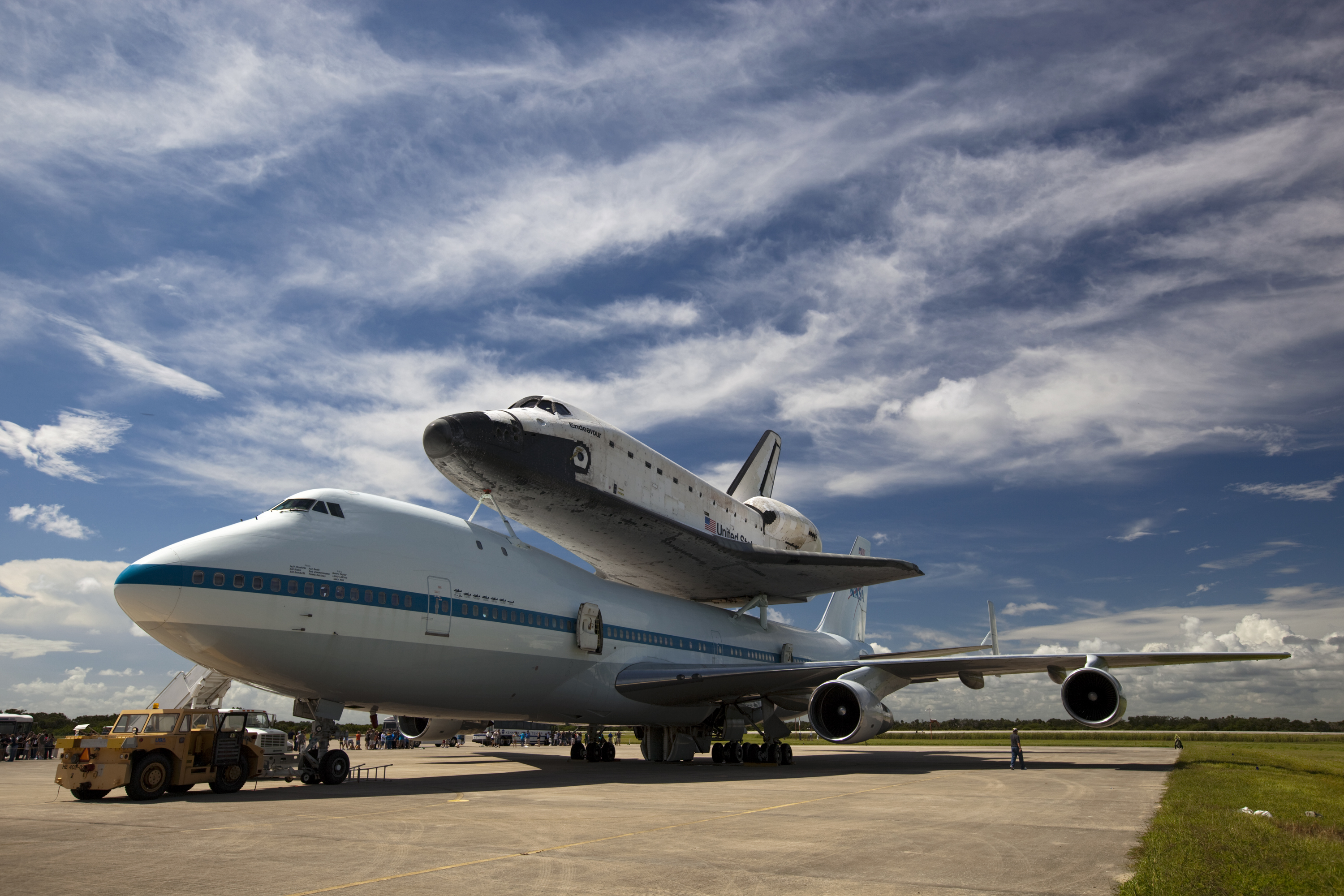 Space shuttle Endeavour stands atop the Shuttle Carrier Aircraft ahead of its flight to Los Angeles.