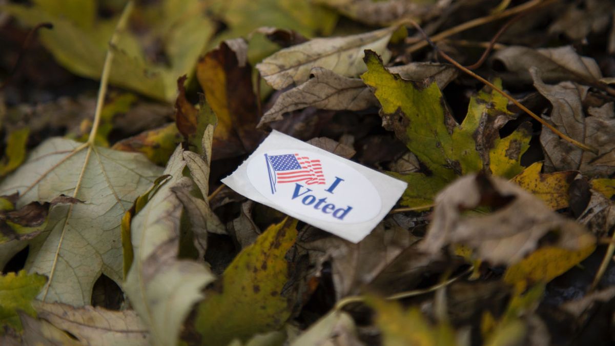 &quot;I voted&quot; sticker atop pile of fall leaves