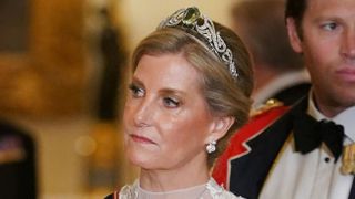 A close-up of Duchess Sophie's tiara at a State Banquet in 2023