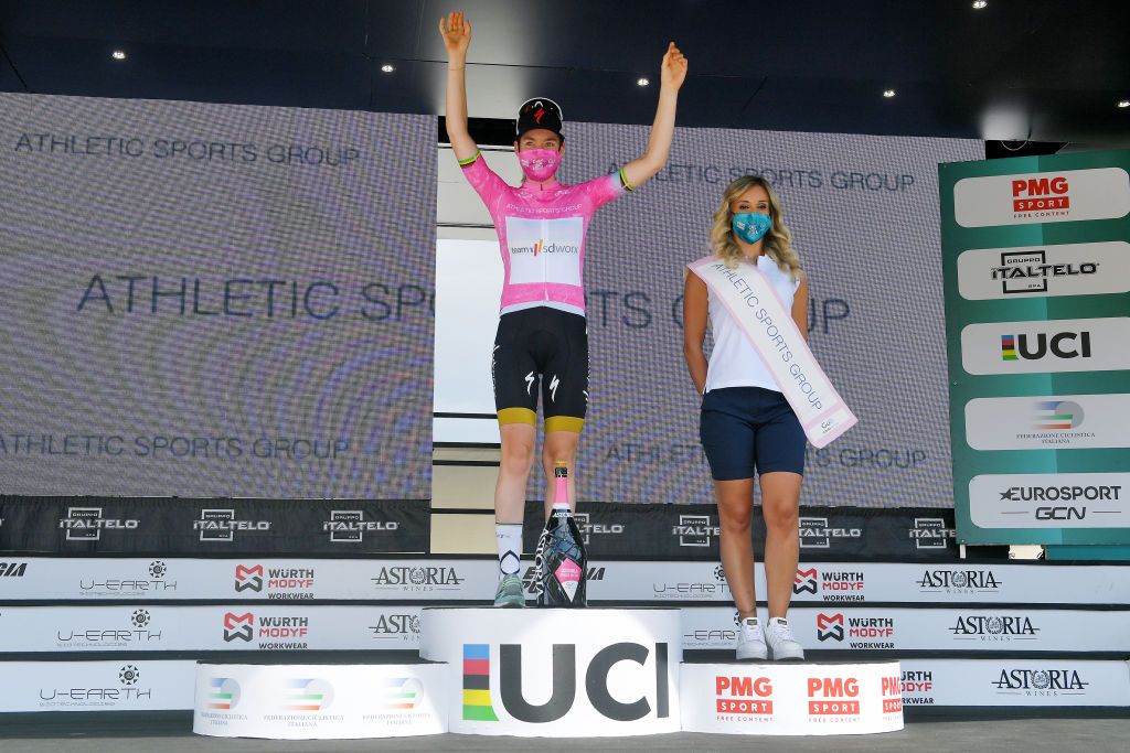 PUEGNAGO DEL GARDA ITALY JULY 08 Anna Van Der Breggen of Netherlands and Team SD Worx Pink Leader Jersey celebrates at podium during the 32nd Giro dItalia Internazionale Femminile 2021 Stage 7 a 1096km stage from Soprazocco di Gavardo to Puegnago Del Garda 219m GiroDonne UCIWWT on July 08 2021 in Puegnago del Garda Italy Photo by Luc ClaessenGetty Images